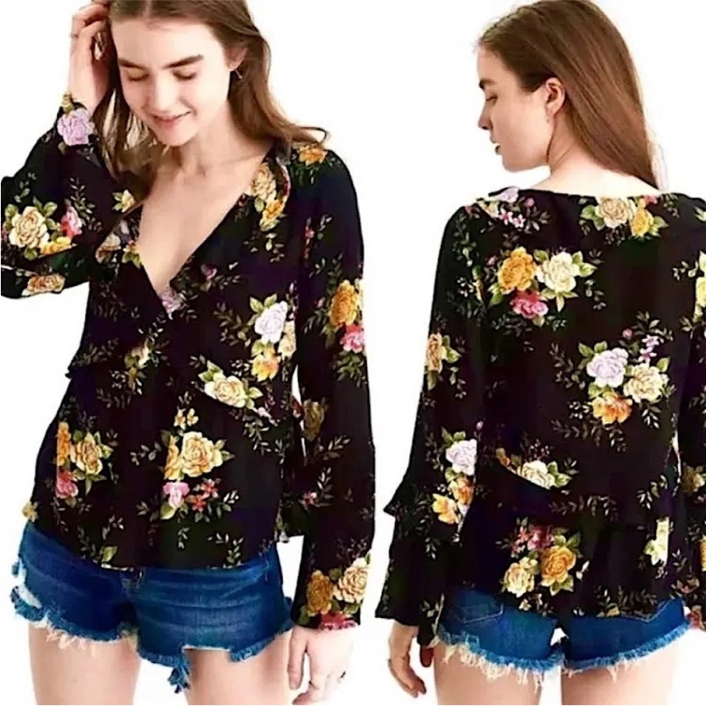 American Eagle Outfitters | Women’s Black/Yellow Floral Long Sleeve Top Size XS‎